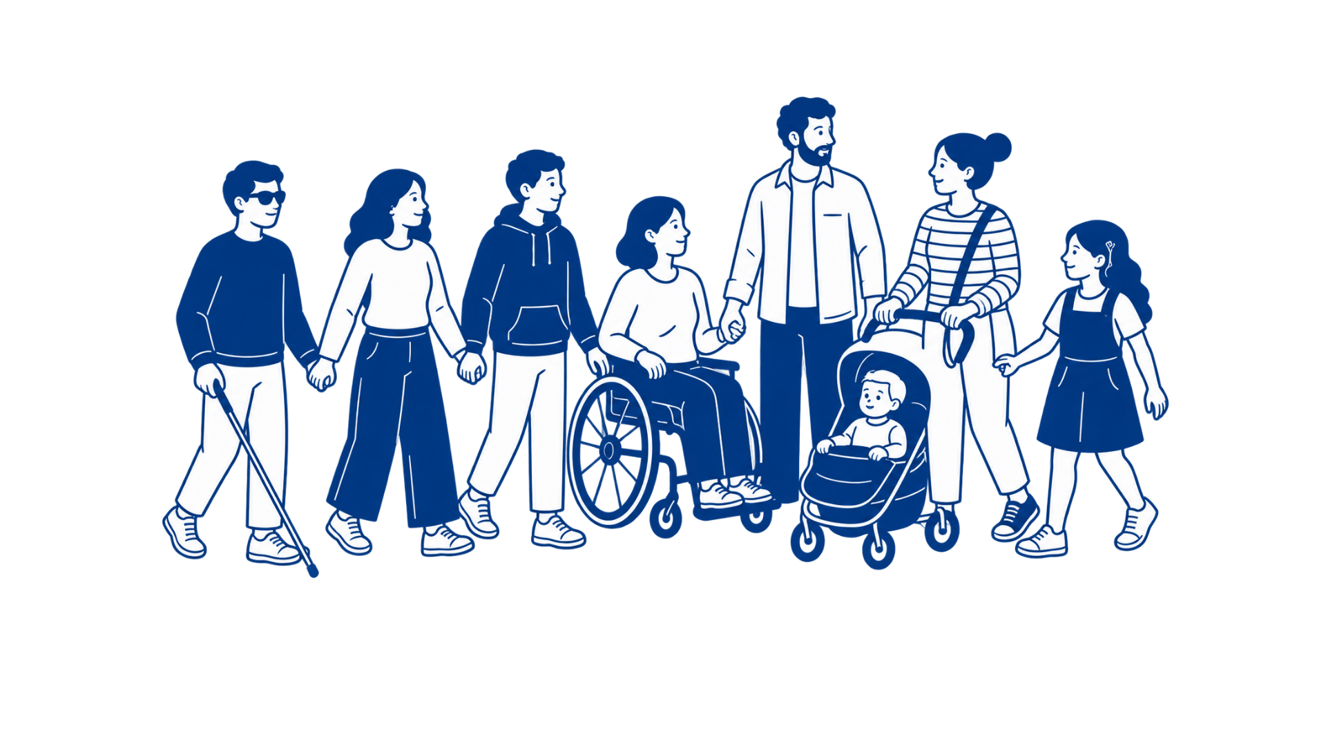 Personas diversas avanzando juntas, entre ellas una persona ciega, una persona usuaria de silla de ruedas y una familia con carrito